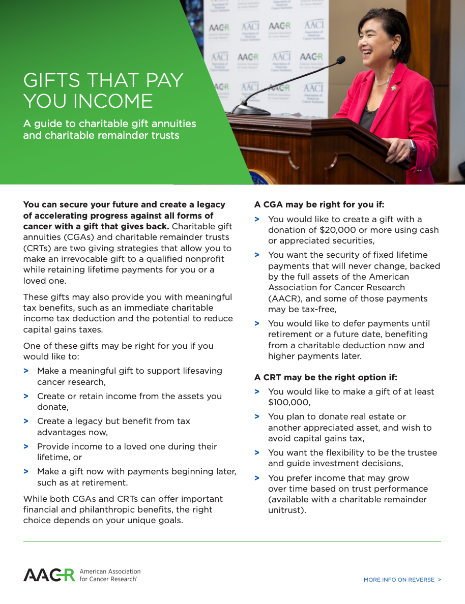 AACR - Gifts That Pay You Income Support The Future of My Favorite Charity brochure cover