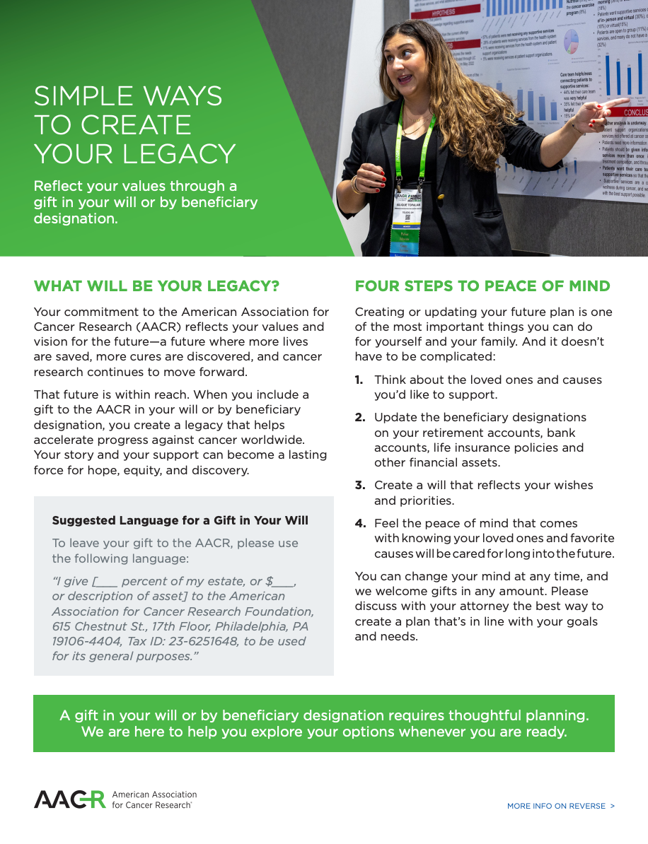 AACR - Simple Ways to Create Your Legacy Support The Future of My Favorite Charity brochure cover
